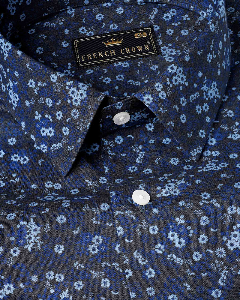 Zodiac Blue Ditzy Floral Printed Premium Cotton Shirt