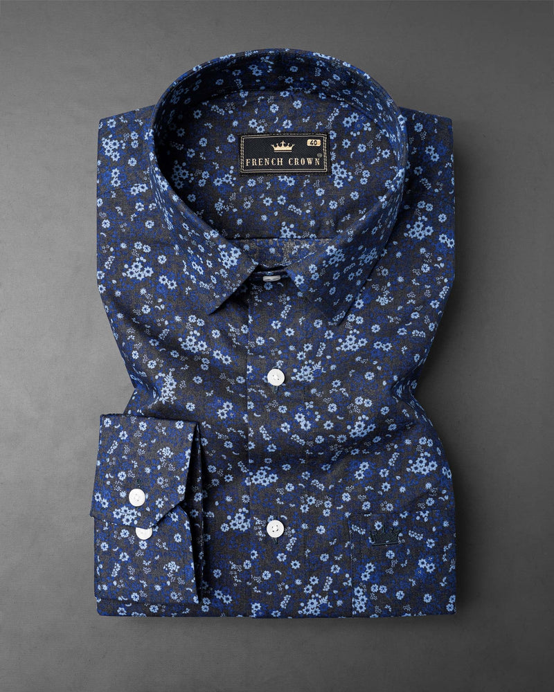 Zodiac Blue Ditzy Floral Printed Premium Cotton Shirt