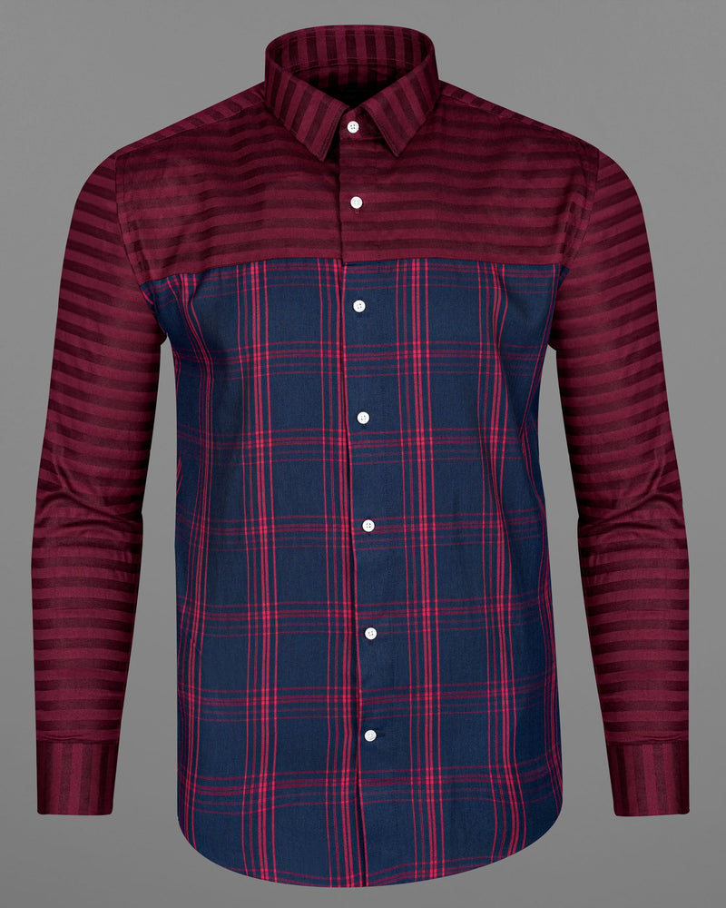 Wineberry With Tangaroa Navy Blue Plaid and Striped Twill Premium Cotton Designer Shirt