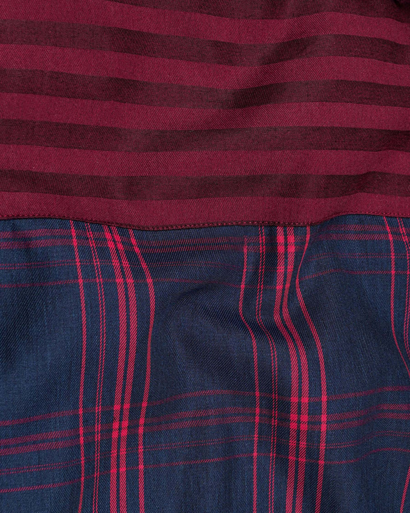 Wineberry With Tangaroa Navy Blue Plaid and Striped Twill Premium Cotton Designer Shirt