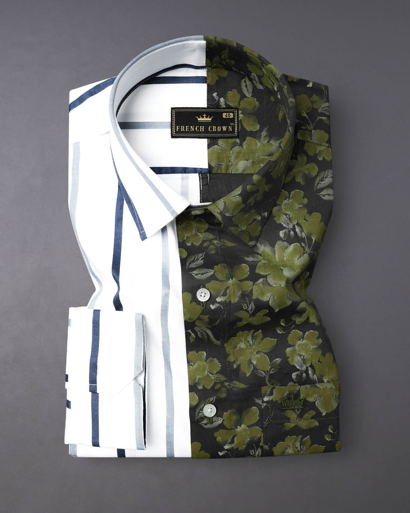 Half White-Striped With Half Clay Creek Green-Floral Printed Premium Cotton Designer Shirt