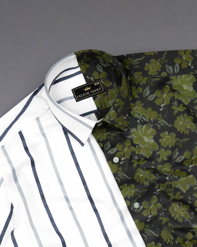 Half White-Striped With Half Clay Creek Green-Floral Printed Premium Cotton Designer Shirt