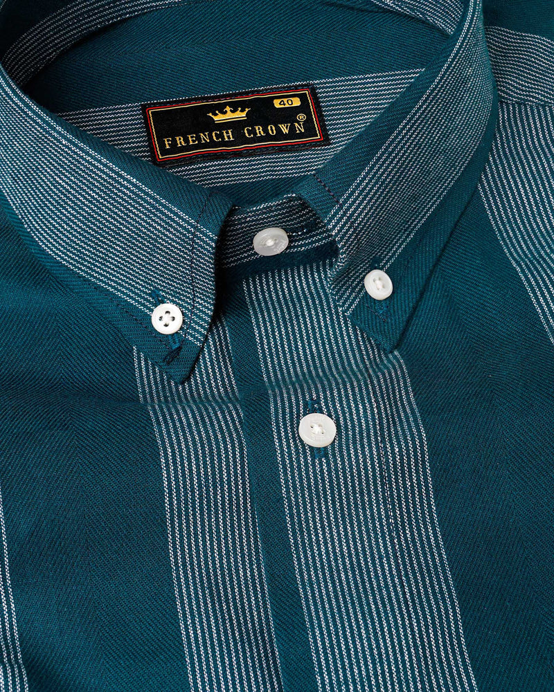 Cyprus Sea Blue with Bright White Striped Herringbone Premium Cotton Shirt