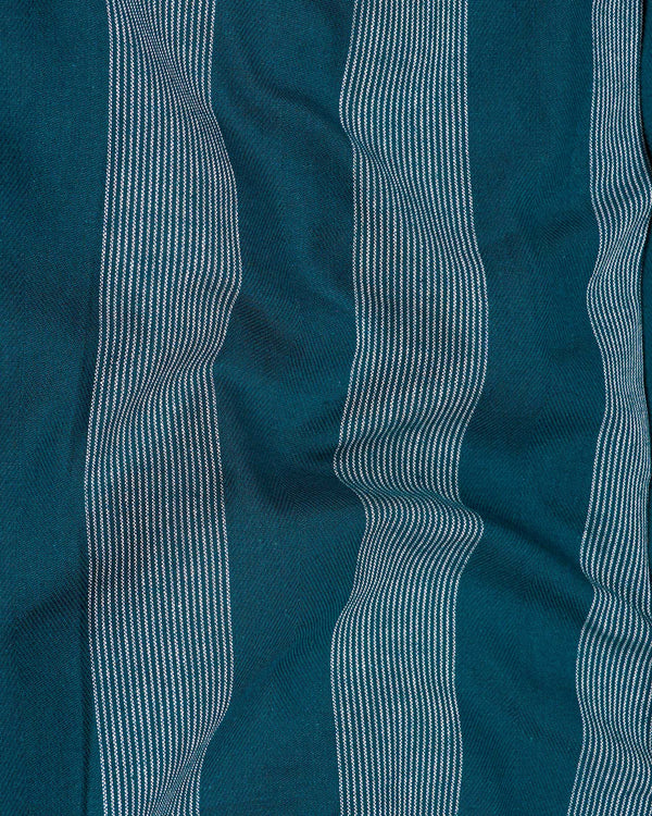 Cyprus Sea Blue with Bright White Striped Herringbone Premium Cotton Shirt