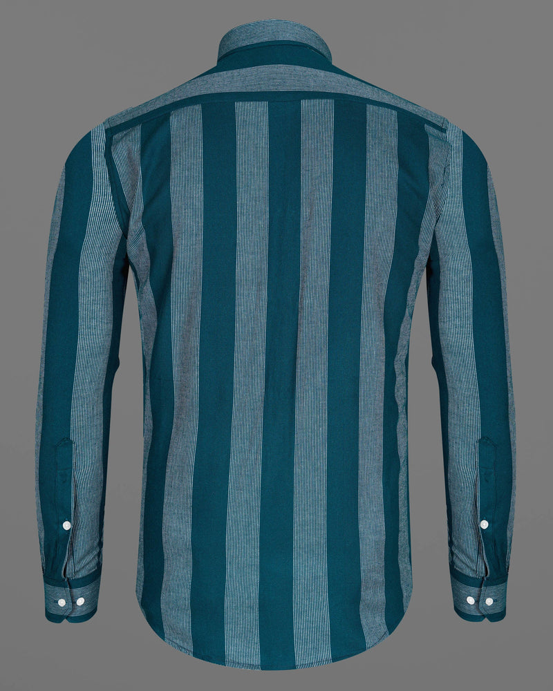 Cyprus Sea Blue with Bright White Striped Herringbone Premium Cotton Shirt