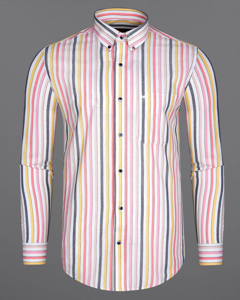 Carnation Pink and Bone Peach Multicolour Striped Premium Cotton Shirt