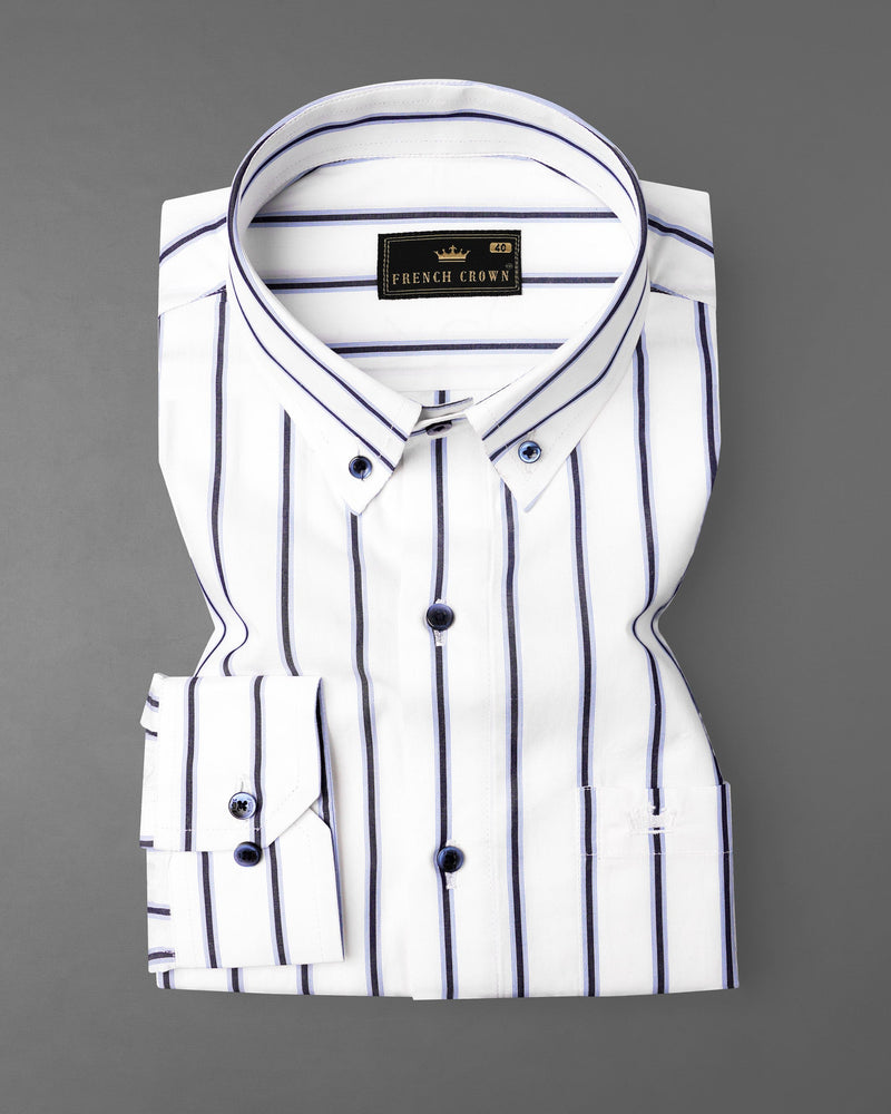 Bright White with Martinique Navy Blue Striped Premium Cotton Shirt
