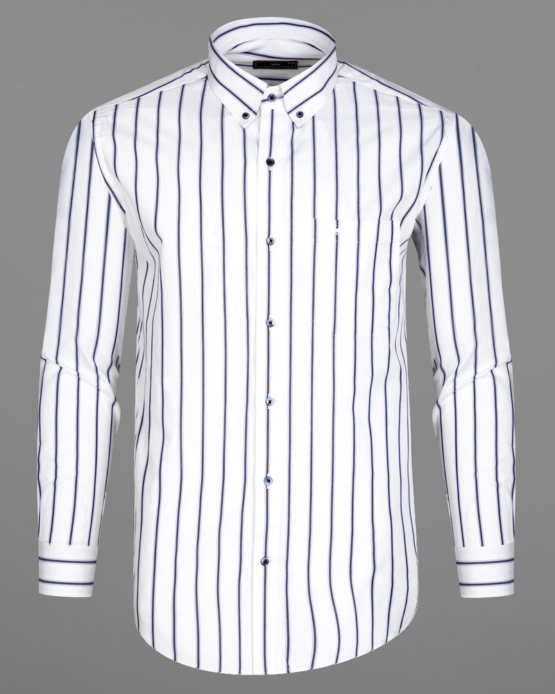 Bright White with Martinique Navy Blue Striped Premium Cotton Shirt