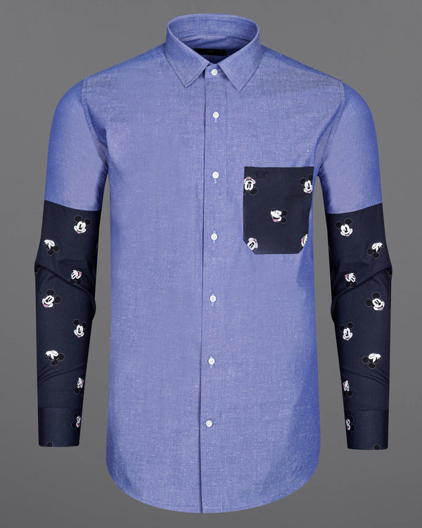 Dark Pastel Blue With Mickey Mouse Chambray Textured Premium Cotton Designer Shirt