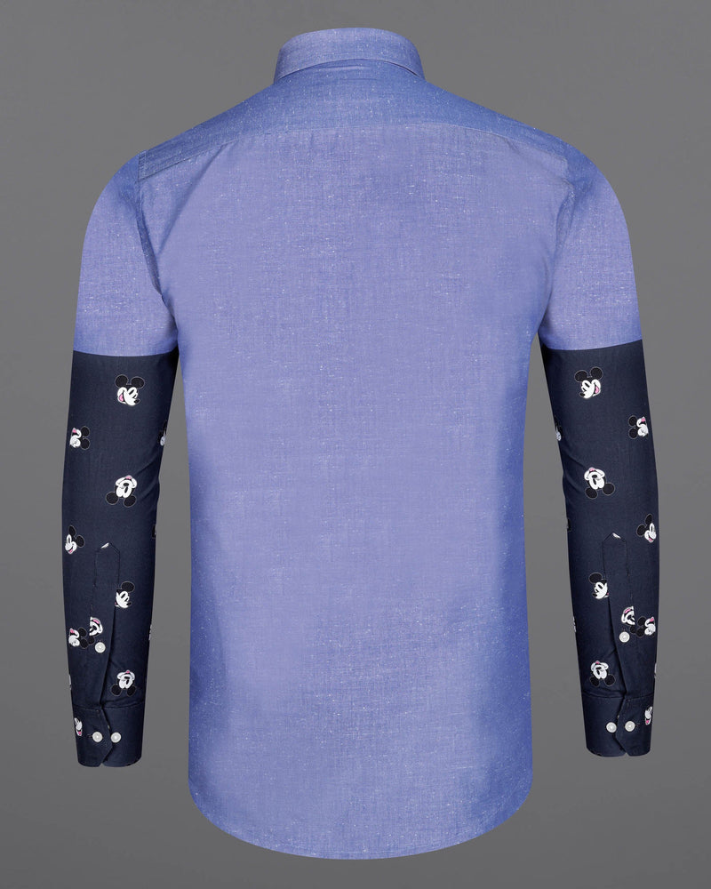 Dark Pastel Blue With Mickey Mouse Chambray Textured Premium Cotton Designer Shirt