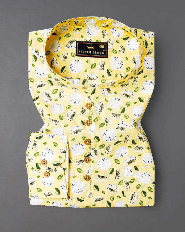 Pale Goldenrod Yellow Floral Printed Premium Cotton Kurta Shirt
