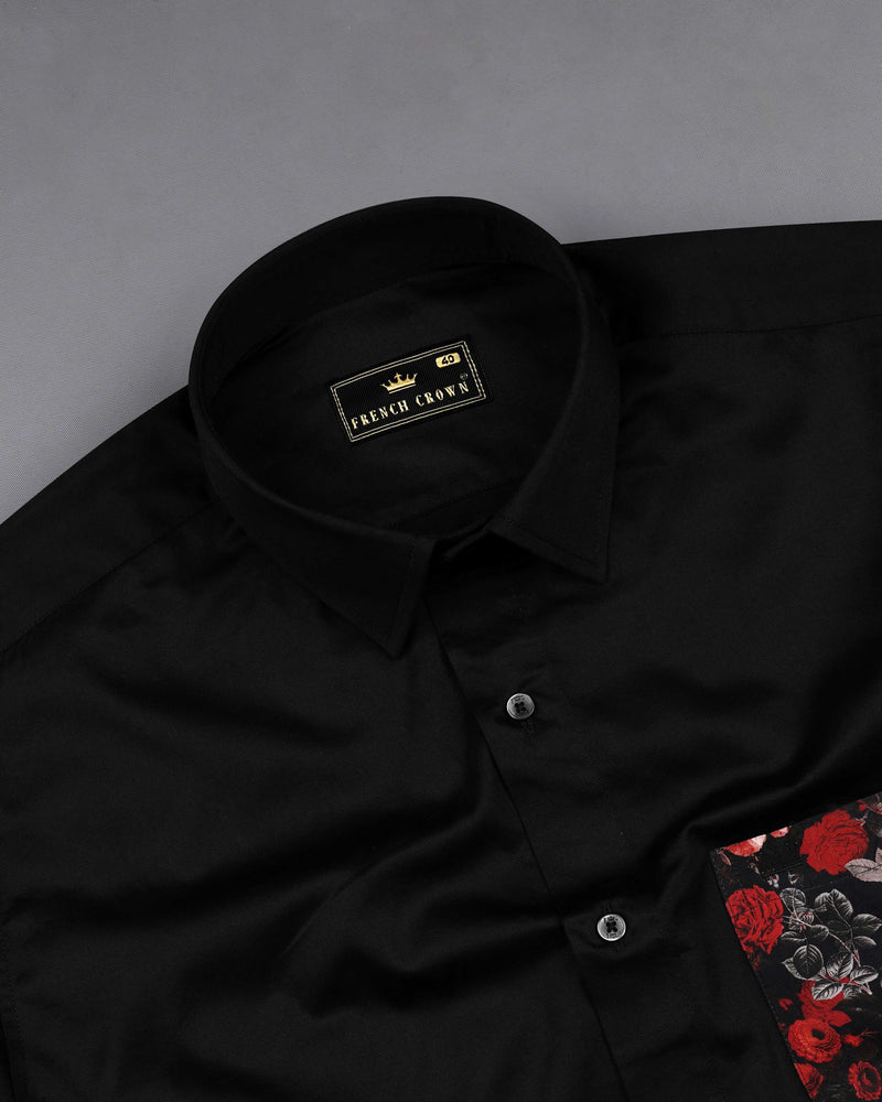 Jade Black with Floral Printed Pocket Super Soft Premium Cotton Designer Shirt