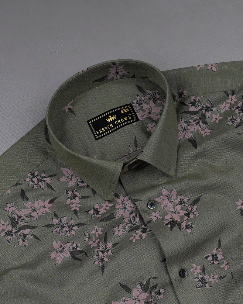 Fuscous Green With Floral Printed Luxurious Linen Shirt