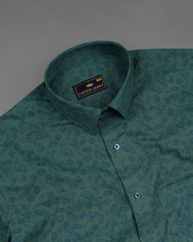 Limed Spruce Sea Green With Floral Printed Premium Cotton Shirt