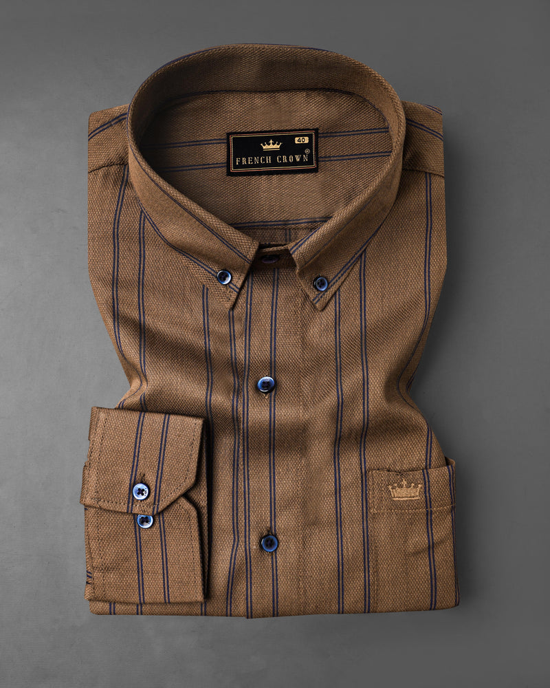 Potter Clay Brown with Ebony Clay Navy Blue Striped Dobby Textured Premium Giza Cotton Shirt