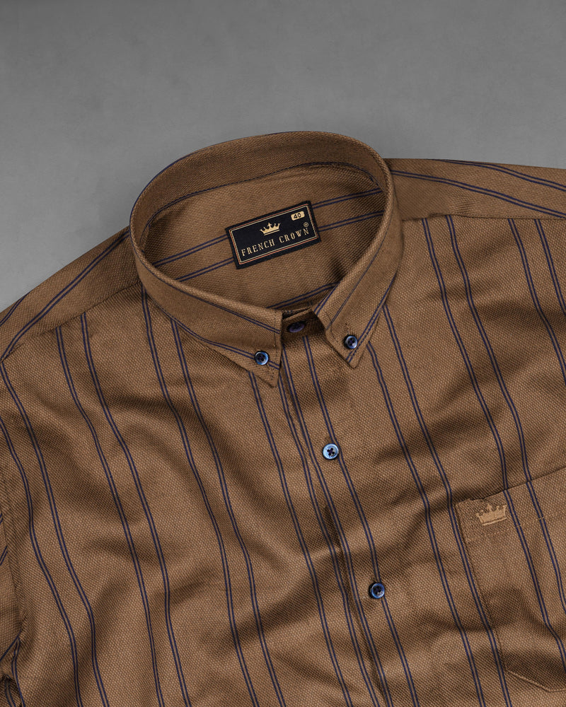 Potter Clay Brown with Ebony Clay Navy Blue Striped Dobby Textured Premium Giza Cotton Shirt