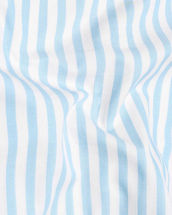 Bright White and Blizzard Blue Striped Premium Cotton Kurta Shirt