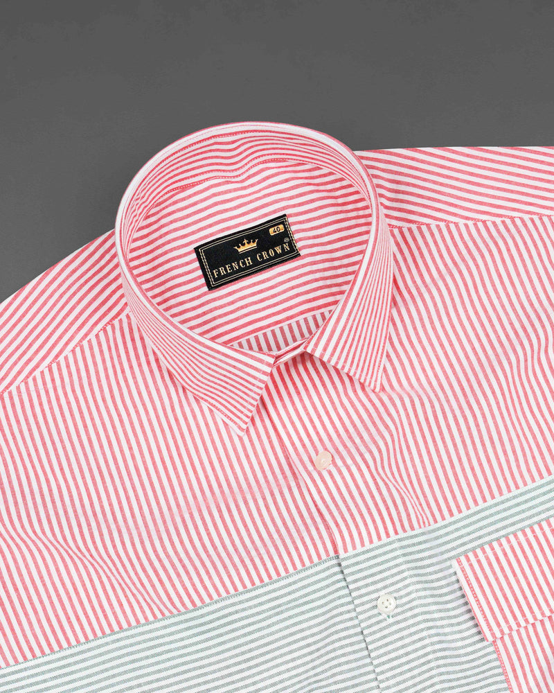 Carmine Pink with Cascade Green Striped Seersucker Giza Cotton Designer Shirt