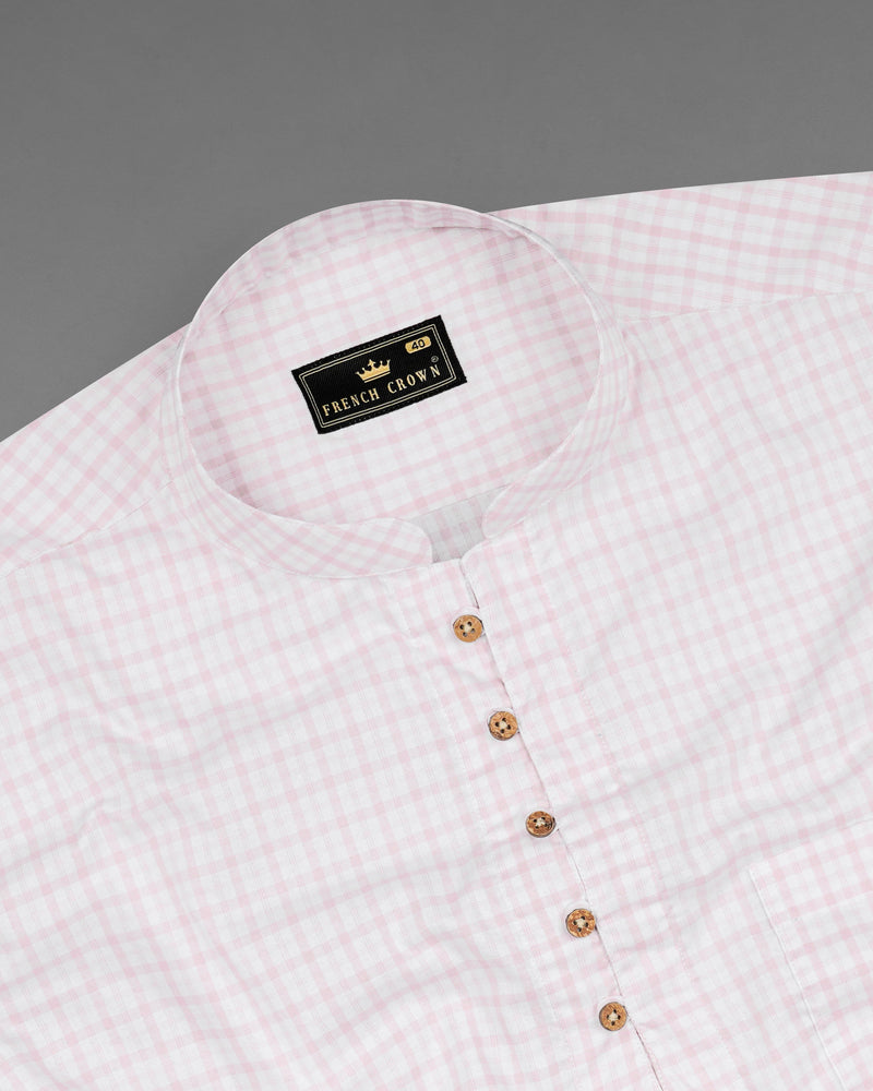 Bright White and Twilight Pink Checkered Premium Cotton Kurta Shirt