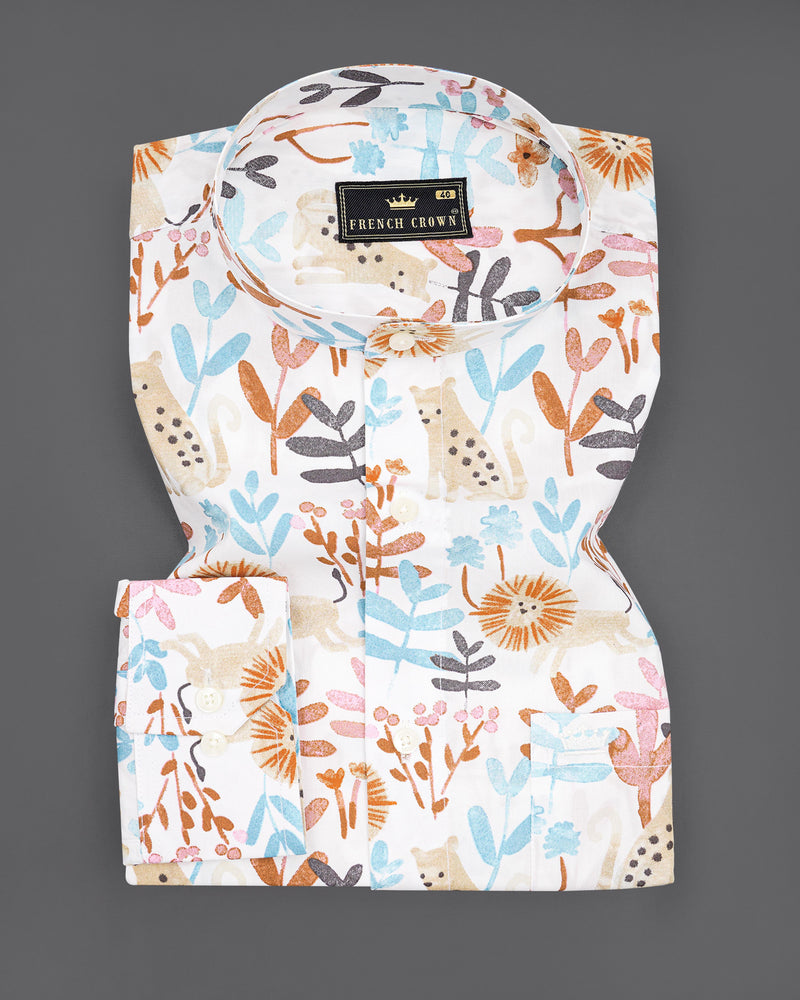 Bright White with Sapling Brown Multicolour Printed Premium Cotton Shirt