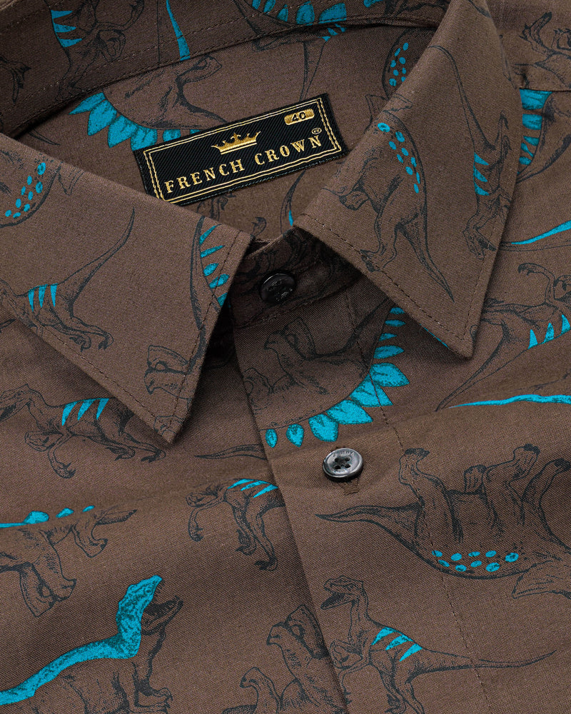 Matterhorn Brown and Deep Cerulean Blue Dinosaur Printed Premium Cotton Shirt