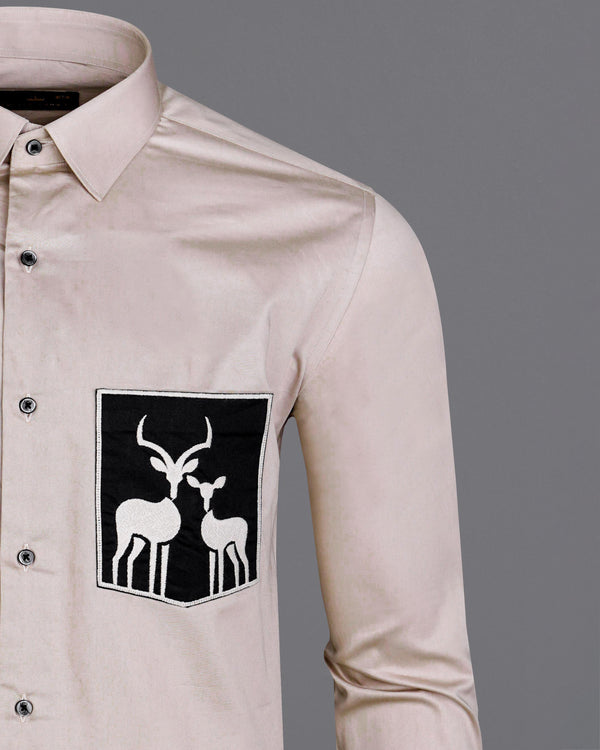 Soft Amber Brown with Black Patch Pocket Deer Embroidered Super Soft Premium Cotton Shirt