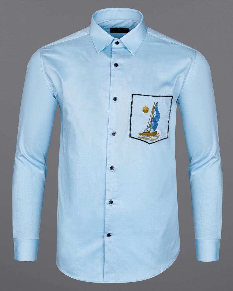 Tropical Aqua Blue with Boat Embroidered Super Soft Premium Cotton Shirt