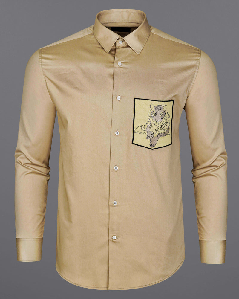 Coral Reef Brown with Colonial Yellow Patch Pocket Tiger Embroidered  Super Soft Premium Cotton Shirt