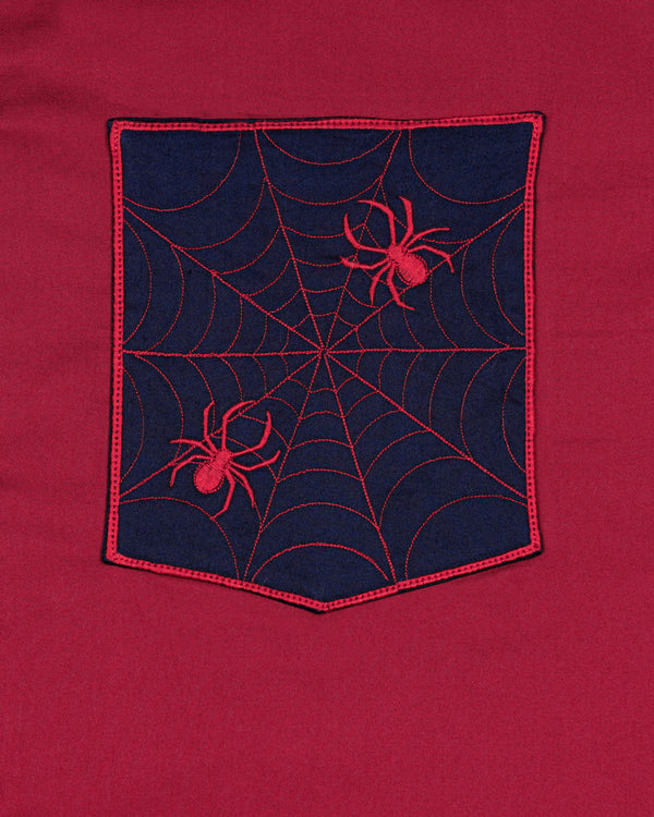 Claret Red with Mirage Blue Patch Pocket Spider Embroidered  Super Soft Premium Cotton Shirt