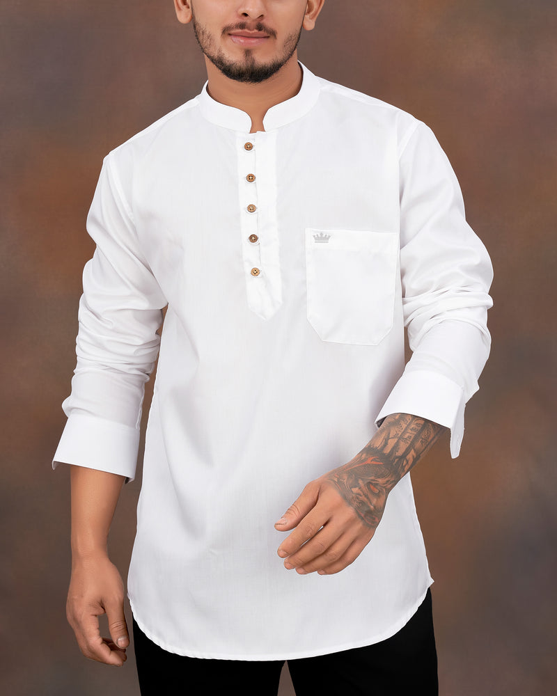 Bright White Twill Textured Giza Cotton Kurta Shirt