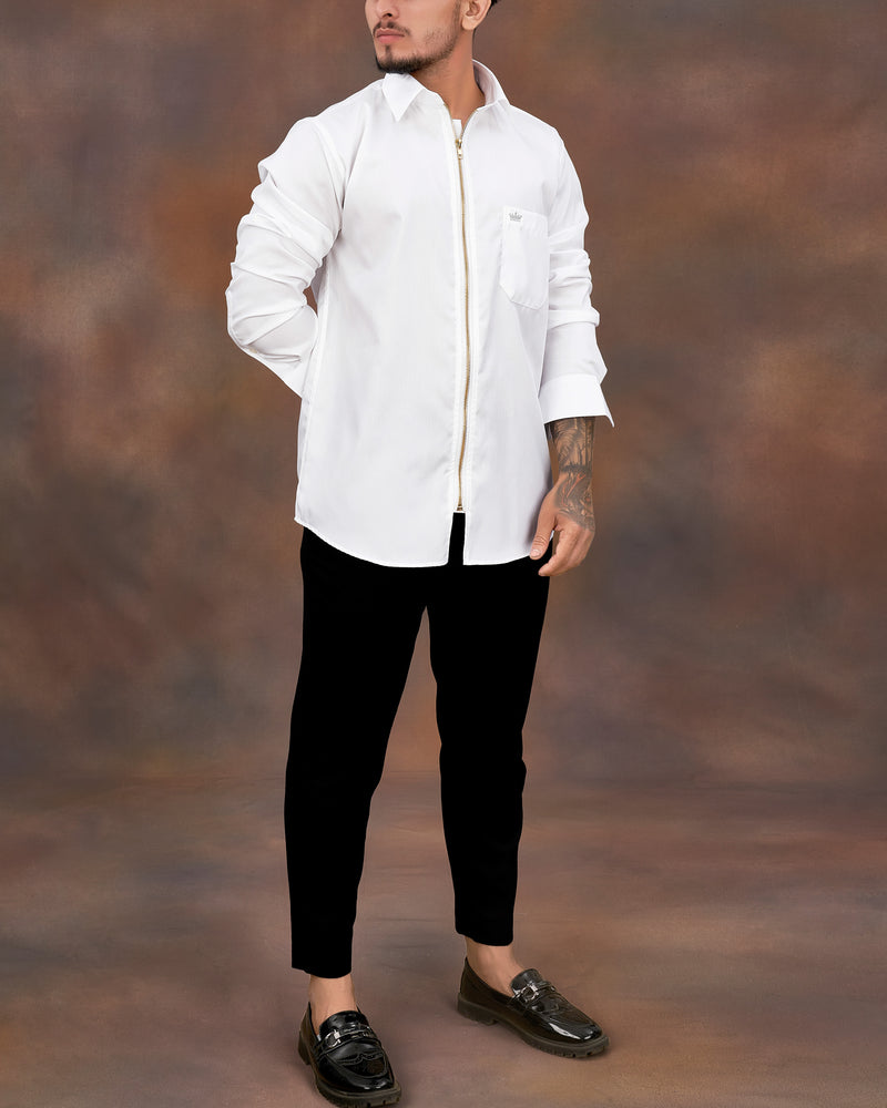 Bright White Twill Premium Cotton Designer Shirt with Zipper Closure
