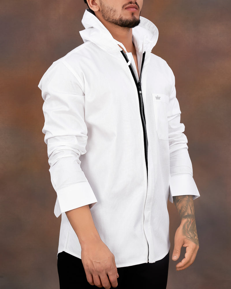 Bright White Dobby Zipper Closure with Hoodie Designer Shirt