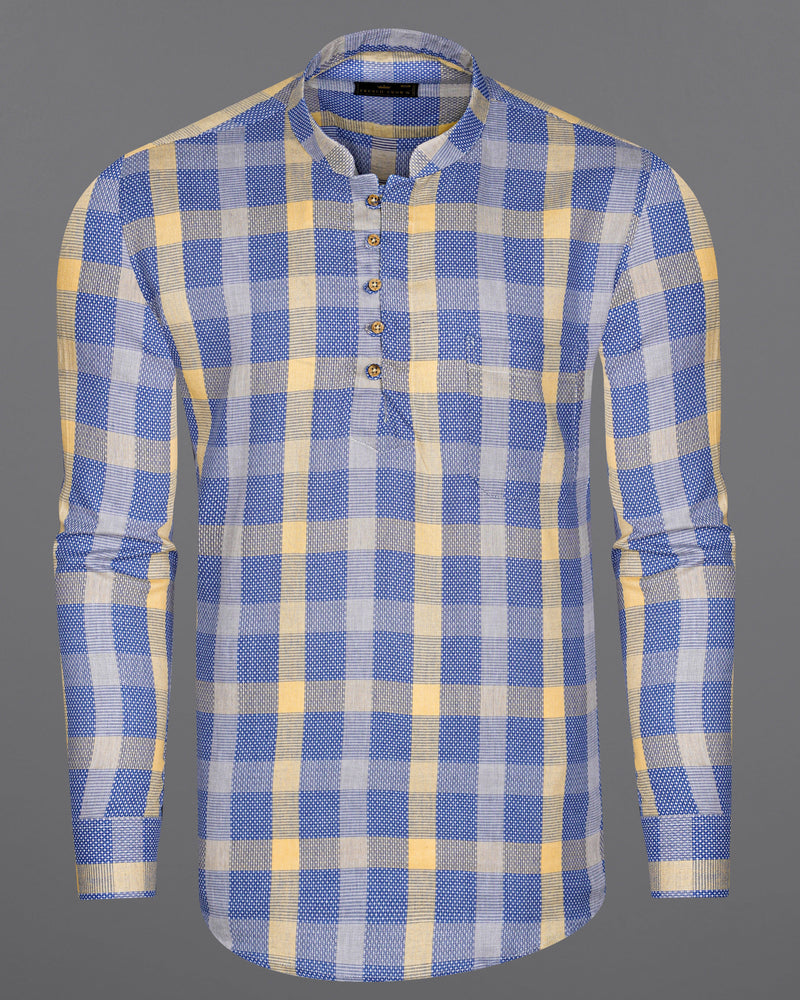 Glaucous Blue with Chardonnay Yellow Checked Dobby Kurta Shirt  8620-KS-38,8620-KS-H-38,8620-KS-39,8620-KS-H-39,8620-KS-40,8620-KS-H-40,8620-KS-42,8620-KS-H-42,8620-KS-44,8620-KS-H-44,8620-KS-46,8620-KS-H-46,8620-KS-48,8620-KS-H-48,8620-KS-50,8620-KS-H-50,8620-KS-52,8620-KS-H-52