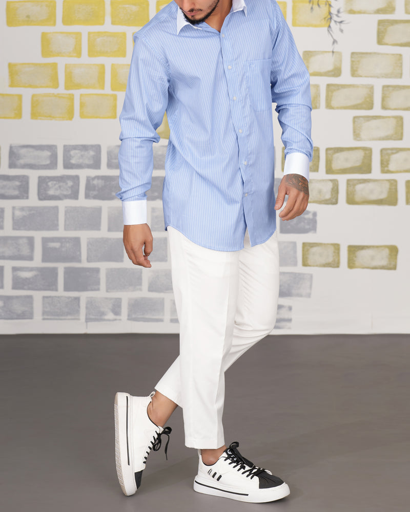 Casper Blue Twill Striped with White Collar Premium Cotton Shirt