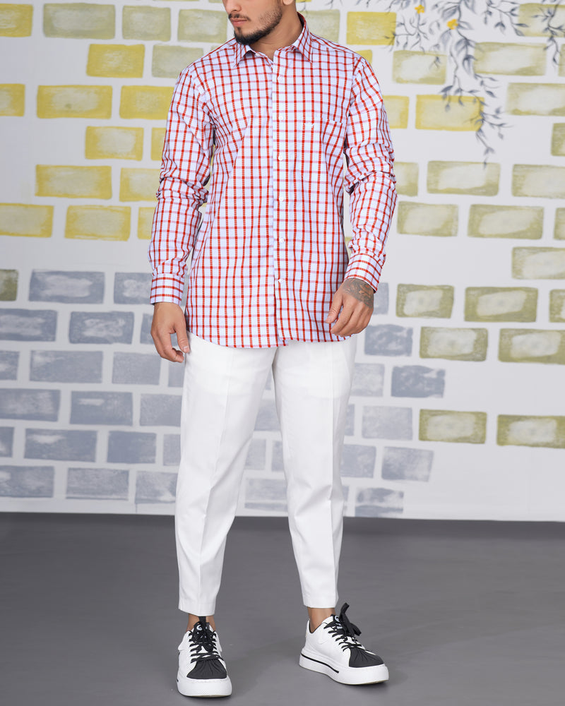 Bright White and Chestnut Red Checkered Dobby Textured Premium Giza Cotton Shirt