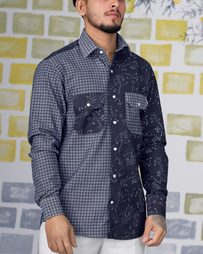 Cedar Blue with Storm Gray Gingham Printed Herringbone Designer Shirt