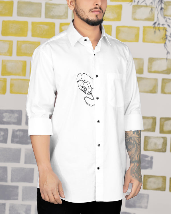 Bright White Snake Embroidered Super Soft Premium Cotton Designer Shirt