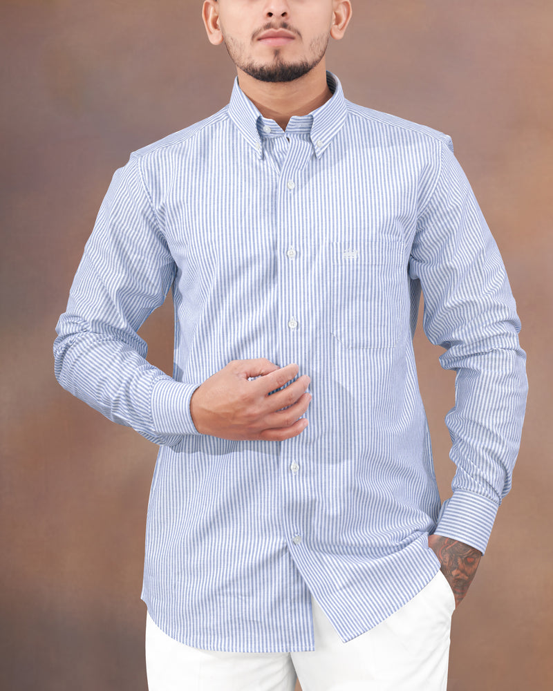 Glaucous Blue and White Pinstriped Royal Oxford Shirt