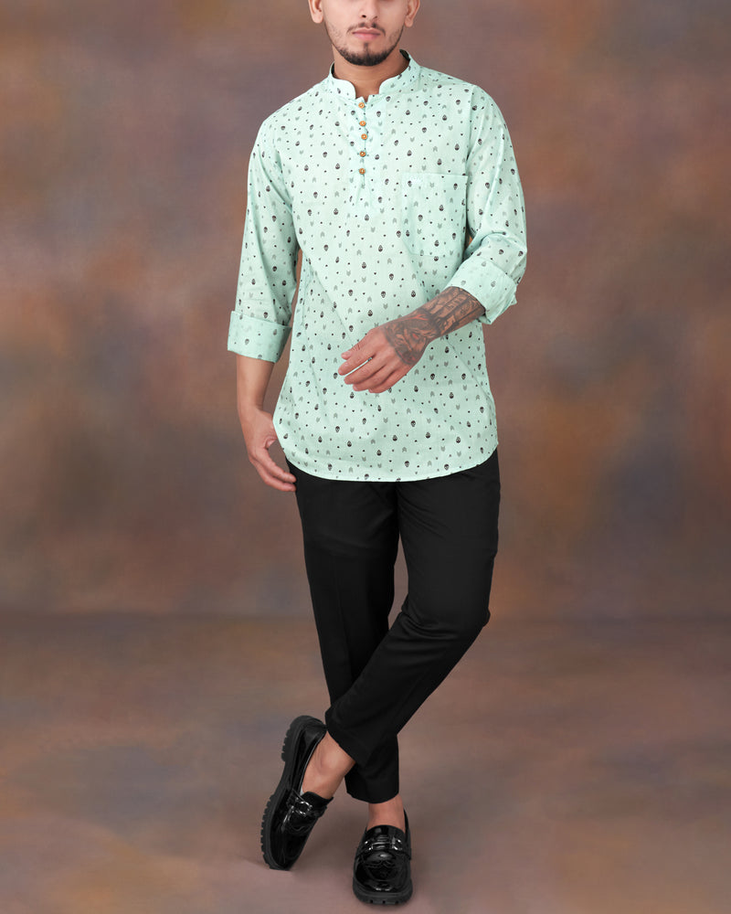 Sea Mist Green Skull and Arrow Printed Premium Cotton Kurta Shirt