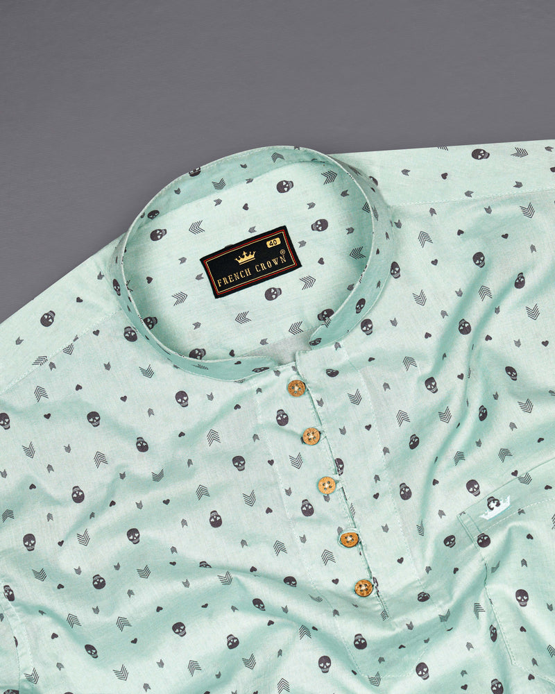 Sea Mist Green Skull and Arrow Printed Premium Cotton Kurta Shirt  8756-KS-38,8756-KS-H-38,8756-KS-39,8756-KS-H-39,8756-KS-40,8756-KS-H-40,8756-KS-42,8756-KS-H-42,8756-KS-44,8756-KS-H-44,8756-KS-46,8756-KS-H-46,8756-KS-48,8756-KS-H-48,8756-KS-50,8756-KS-H-50,8756-KS-52,8756-KS-H-52