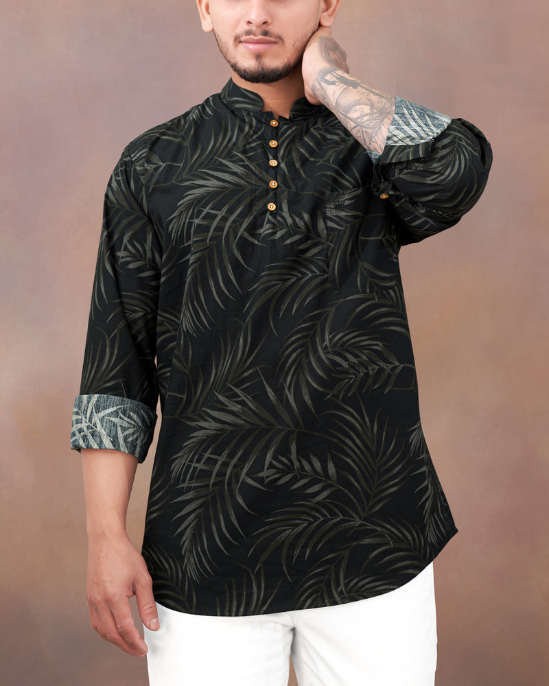 Jade Black Leaves Printed Premium Cotton Kurta Shirt