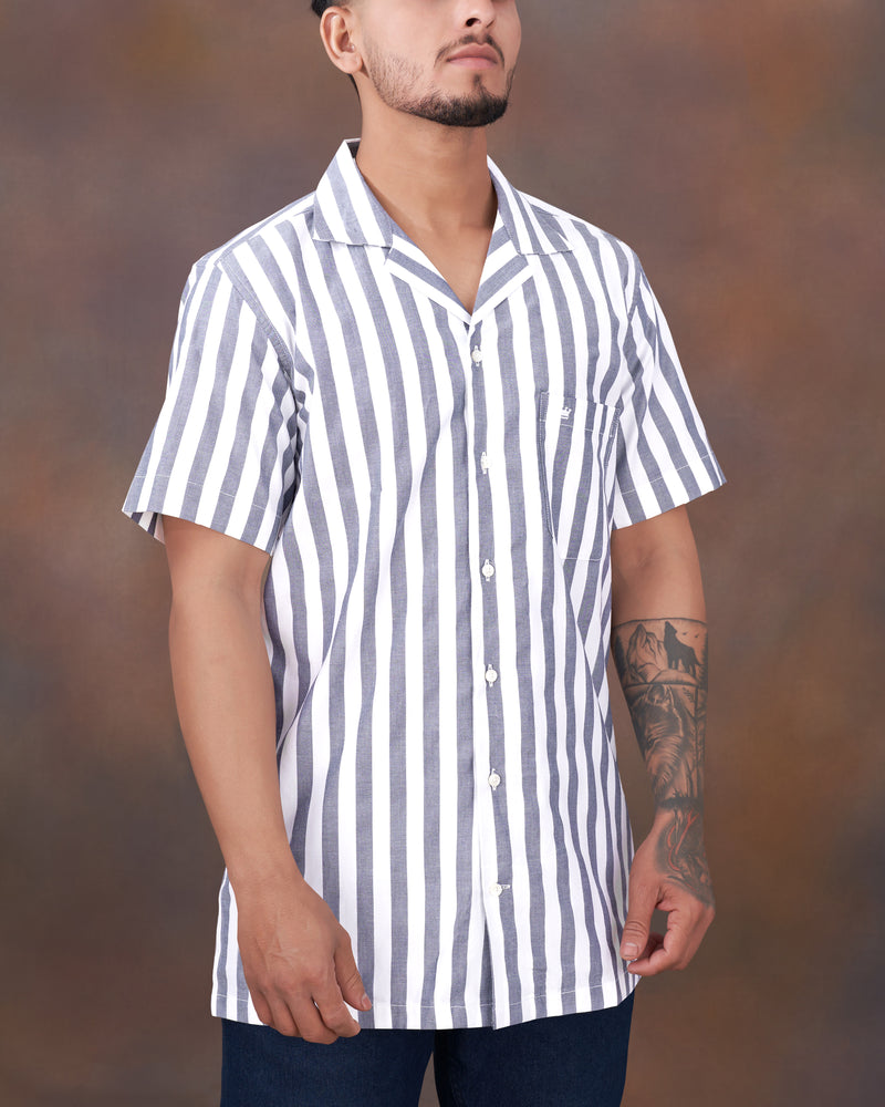 Bright White and Waterloo Gray Striped Premium Cotton Shirt
