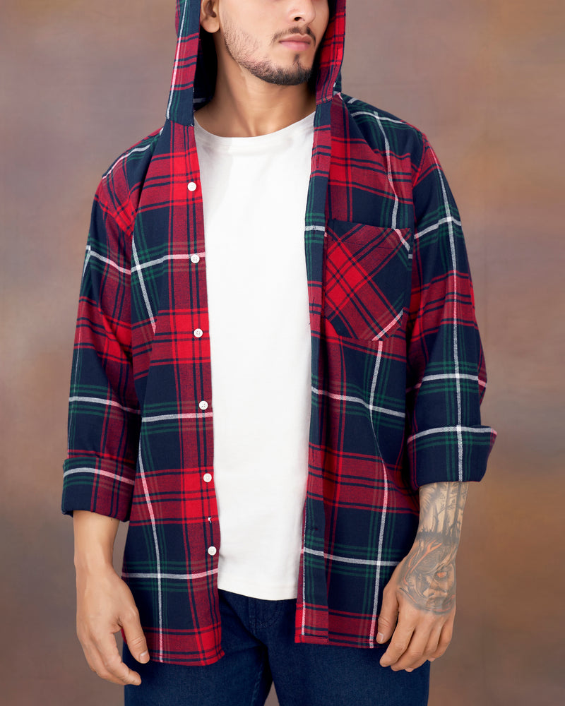 Firefly Blue with Scarlet Red Checkered Flannel Hoodie Shirt