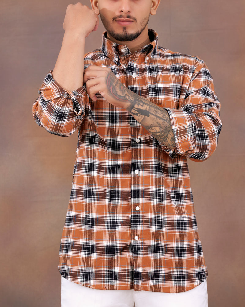 Terra Cotta Brown and Mirage Black Plaid Flannel Shirt