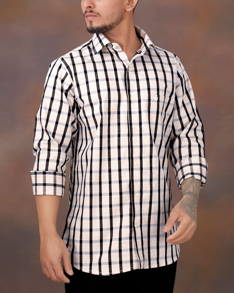 Sea Shell Off White and Jade Black Checkered Dobby Textured Premium Giza Cotton Shirt