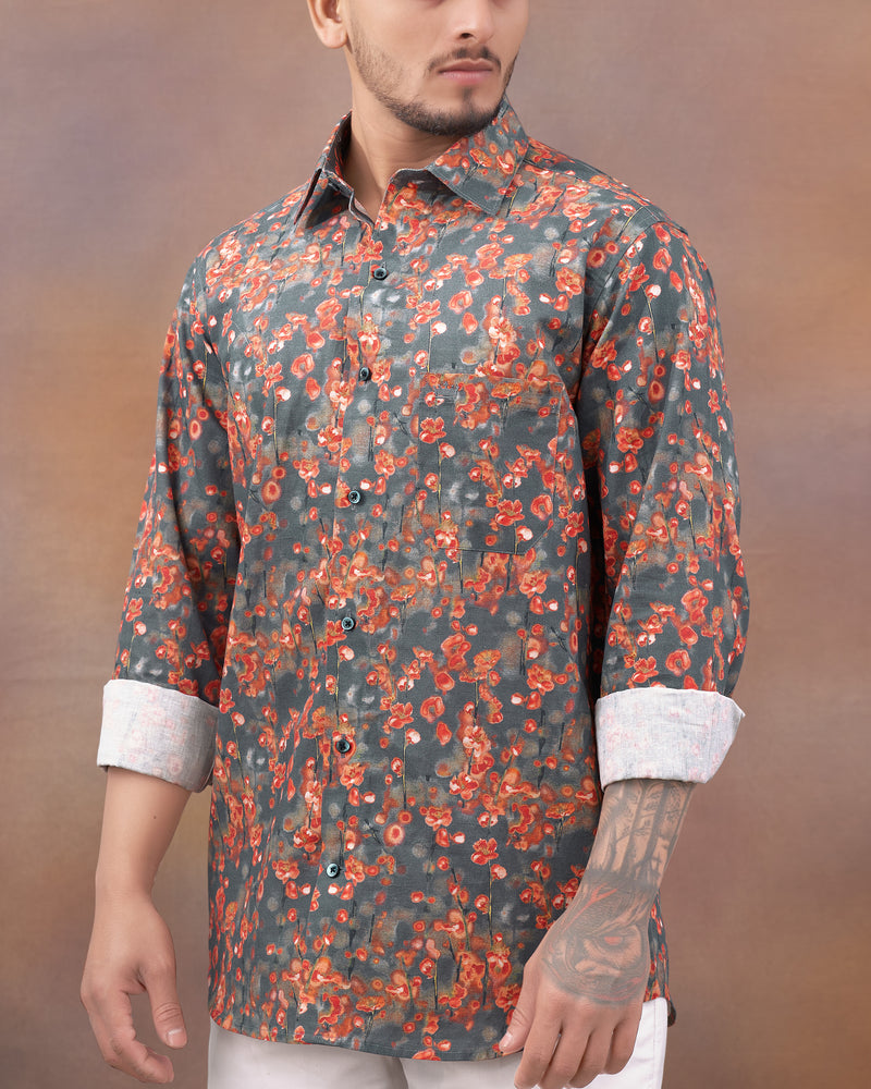 Carbon Gray Ditsy Printed Luxurious Linen Shirt