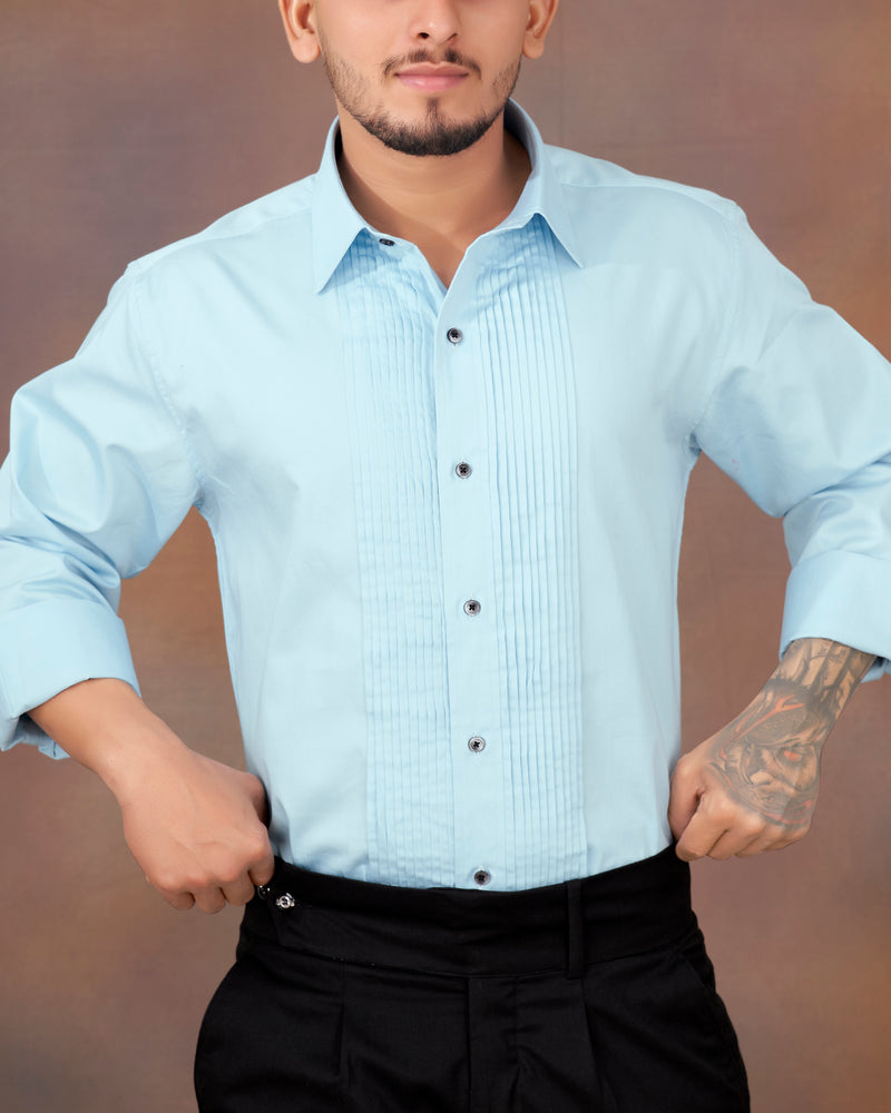 Turquoise Sky Blue Snake Pleated Super Soft Premium Cotton Tuxedo Shirt