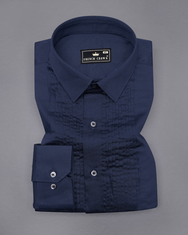 Baltic Sea Navy Blue Snake Pleated Super Soft Premium Cotton Tuxedo Shirt