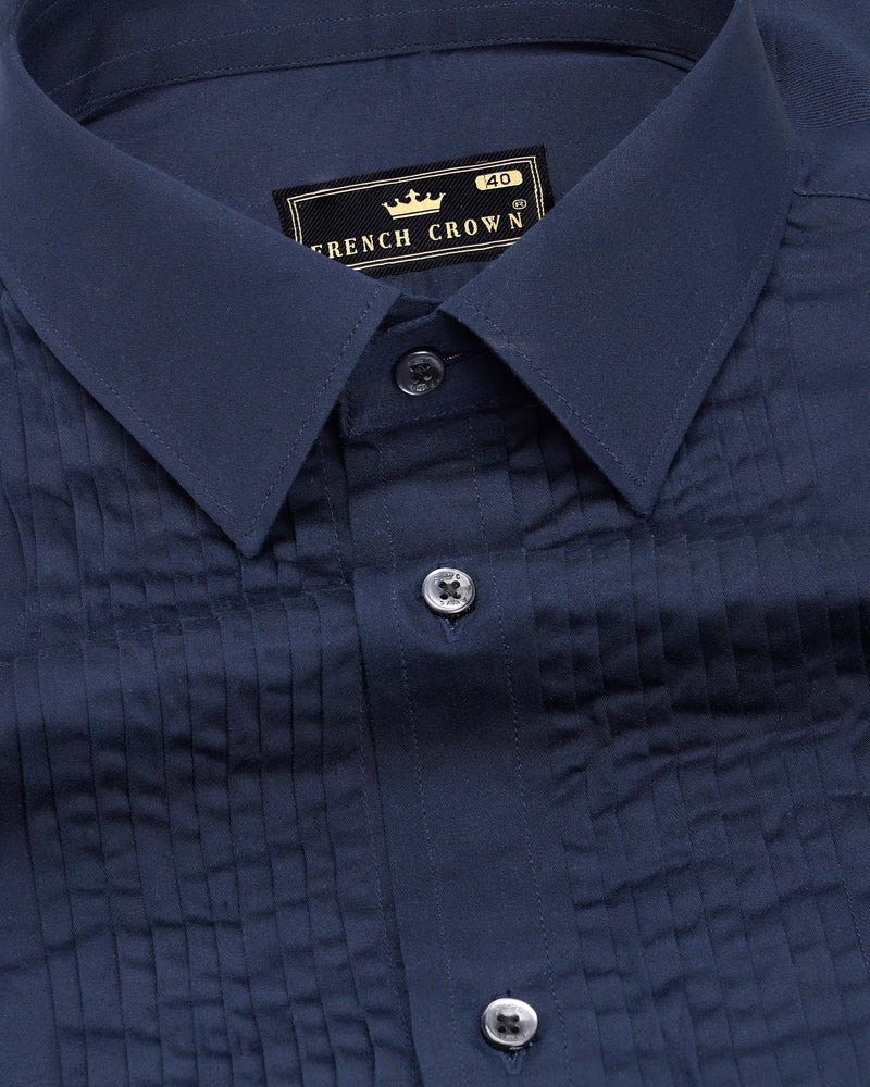 Baltic Sea Navy Blue Snake Pleated Super Soft Premium Cotton Tuxedo Shirt