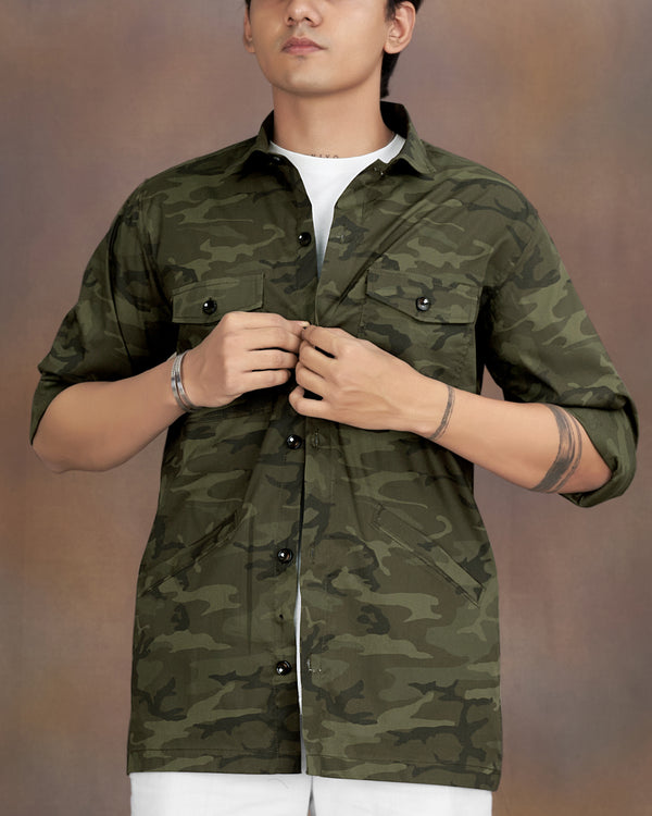 Rifle Green with Walnut Brown Camouflage Printed Royal Oxford Designer Overshirt